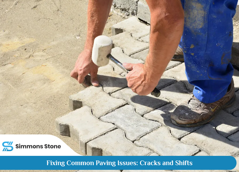 Worker repairing cracks in a paved driveway with specialized tools