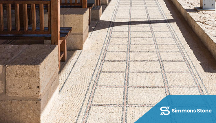 Textured travertine pavers installed in a outdoor space