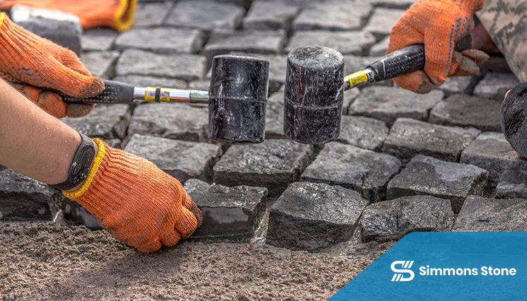 Technician repairing interlocking pavers on a residential patio
