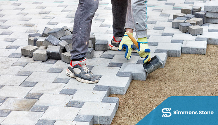 Professional installing pavers in a patterned design