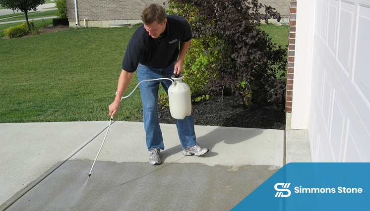 Worker applying concrete sealer on a residential driveway