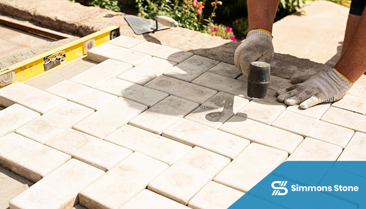 Skilled worker using tools to install patio pavers