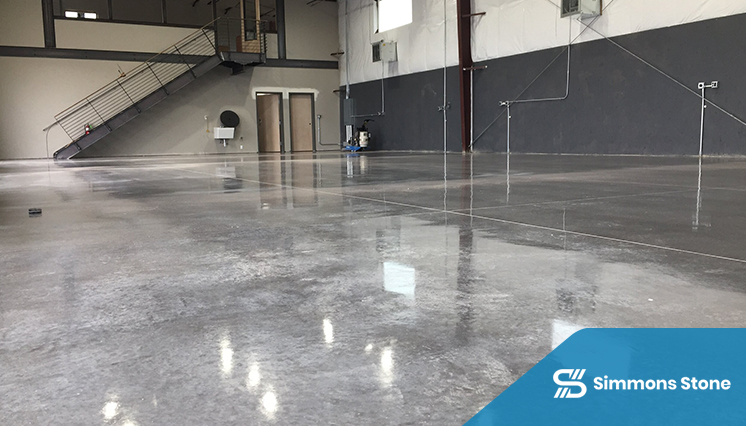 Polished concrete floor inside a modern commercial lobby