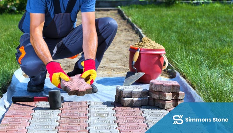 Simmons Stone team paving a garden walkway with pavers