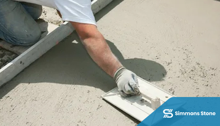 Worker leveling concrete for residential slab foundation
