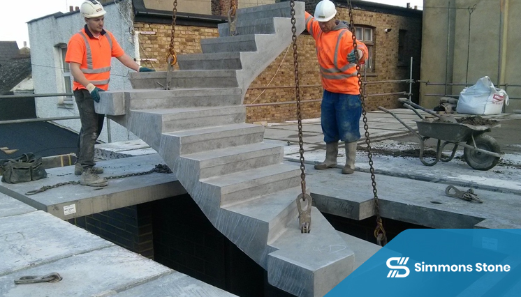 Setting up formwork for exterior concrete staircase construction