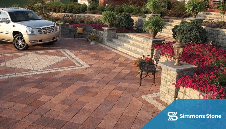 Extended brick paver driveway connecting to walkway