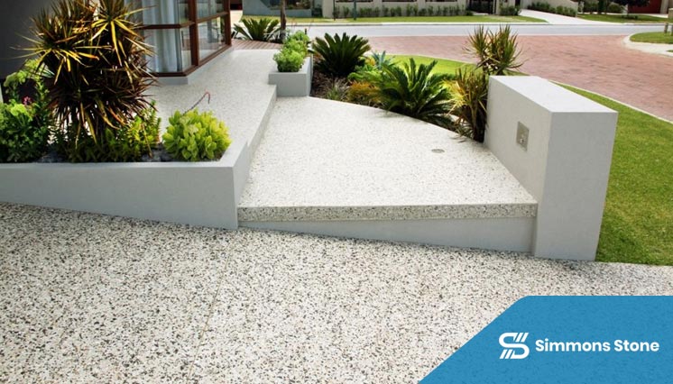 Entry steps with exposed aggregate concrete finish