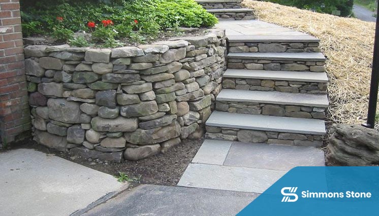 Multi-level stone walkway designed for sloped or uneven terrain