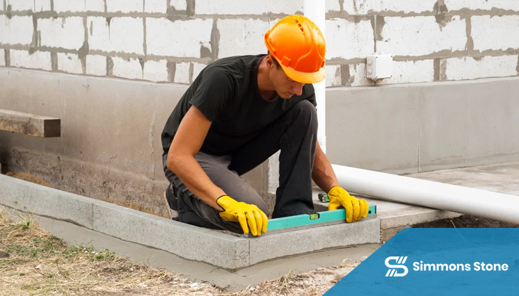 Worker meticulously leveling a freshly laid concrete curb