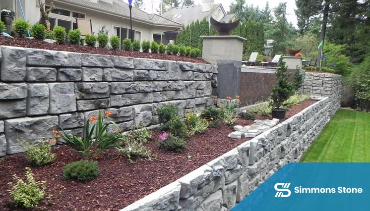 Finished stacked stone retaining wall with landscaping